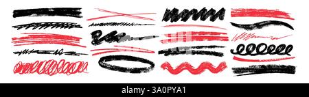 Von Hand gezeichnete Buntstifte unterstreichen, Holzkohle durchstreichen, Kreidestift kritzeln oder Pinselstriche. Handgeschriebene Flickchen, Schlieren Sie Streifen lockige Linien, kritzeln Sie freihändige Elemente auf weißem Hintergrund. Stock Vektor