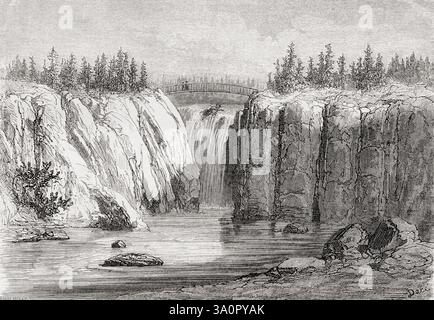 Die Great Falls of the Passaic River, Passaic River, Paterson, Passaic County, New Jersey, Amerika, 19. Jahrhundert. Nach einer Illustration von Gustave Doré. Von Voyage dans l'Amerique Septentrionale von M. L. Deville, Etats-Unis et Canada, 1854 - 1855 oder Reise nach Nordamerika von M. L. Deville, USA und Kanada, 1854 - 1855. In Le Tour du Monde, veröffentlicht 1861. Stockfoto