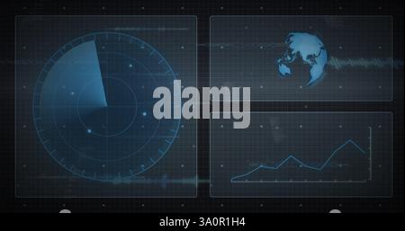 Bild der Datenverarbeitung mit Diagrammen über Globus und Scanner Stockfoto