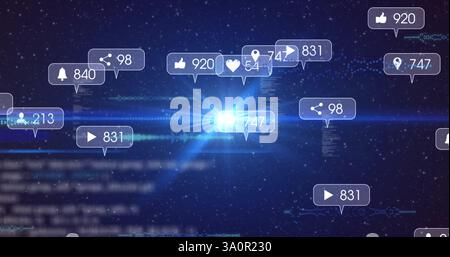 Bild von Social-Media-Symbolen mit Zahlen über Lichtspuren auf schwarzem Hintergrund Stockfoto