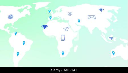 Bild der Kommunikationssymbole über der Weltkarte mit Standortmarkierungen Stockfoto