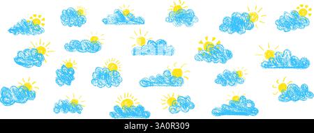 Set abstrakter Bleistiftwolken. Handgezeichneter Cartoon bewölkter Himmel und Sonne. Vektor-Illustration der Sammlung von blauem Wirbel auf weißem Hintergrund. Nachahmung von Stock Vektor