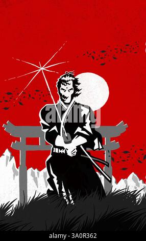 Ein japanischer Shogun steht bereit, sein Katana ist hochgehoben, bereit für den Kampf. Der Wind weht heftig von rechts. Das Schwert glänzt mit einem scharfen Schwert Stockfoto