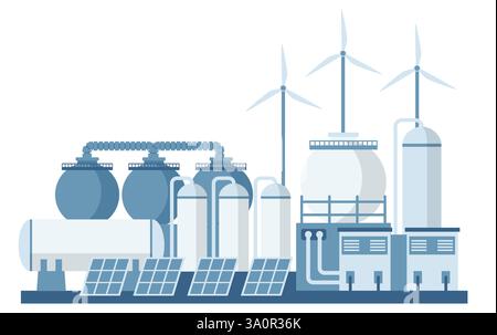 Erzeugung von grünem Wasserstoff H2 aus erneuerbaren Energiequellen. Industriegebiet. Vektorabbildung Stock Vektor
