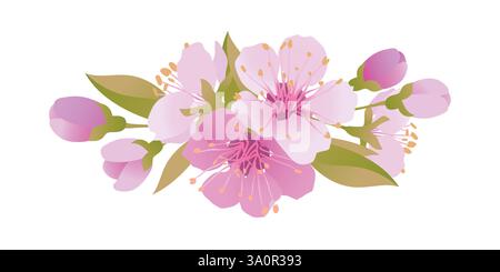 Vektor-Sakura-Blüten. Isolierter, realistischer Kirschstrauß. Frühling, Zeit für Festivals. Onnu ist traditionell eine verehrte Blume in Japan und China. Blumen zum Muttertag. Stock Vektor
