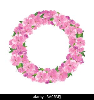 Frühlingskranz mit Kirschblüten. Platz für Text. Hanami Festival. Blühende Sakura, Ume Pflaume. Frühlingsrosa Blumen. Stock Vektor