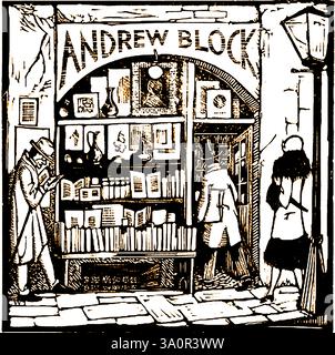 Ein Holzsteinstich aus einem Werbespot aus den 1920er Jahren mit einem typischen alten englischen Buchladen. (Andrew Block) Stockfoto