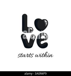 Liebe beginnt in Vektorbeschriftung Clipart isoliert auf weißem Hintergrund. Poster oder Grußkarte. Moderner minimalistischer Schriftzug Schwarz auf weiß. Wertigkeit Stock Vektor