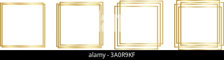 Satz goldener quadratischer Rahmen isoliert auf weißem Hintergrund. Kollektion glänzender Luxusborten. Dekorative Rahmen, Elemente für Banner, Gruß- oder Einladungskarten. Realistische Vektordarstellung. Stock Vektor