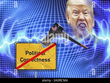 Symbolisches Image, politische Korrektheit, Ukraine, Rußlandkrieg, EU, Deutschland und die Weltwirtschaft unter US-Diktat, Wolodimir Selensky, Donald Trump, Zoll Stockfoto