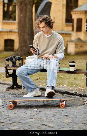 Ein modischer junger Mann sitzt auf einer Parkbank auf dem Campus und konzentriert sich auf sein Smartphone, während er sich ausruht. Stockfoto