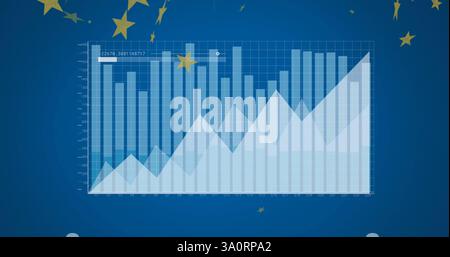Bild der Verarbeitung von Finanzdaten über europäischen Flaggensternen auf blauem Hintergrund Stockfoto Bild der Verarbeitung von Finanzdaten über europäischen Flaggensternen auf blauem Hintergrund Stockfoto