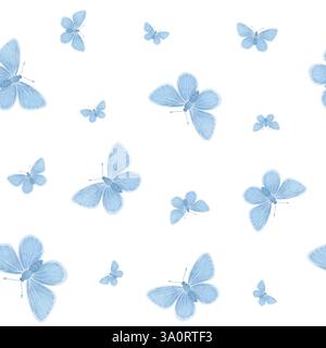 Hellblaue Schmetterlingsmuster. Zarte handgezeichnete Illustration im Aquarellstil. Niedlicher Hintergrund für Druck und Textildesign. Stockfoto