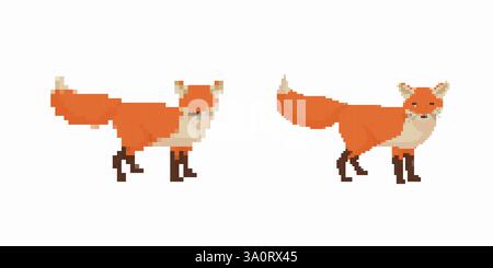 Retro-Pixel-Art-Füchse mit orangefarbenem Pelz und buschigen Schwänzen in stehenden Posen Stock Vektor