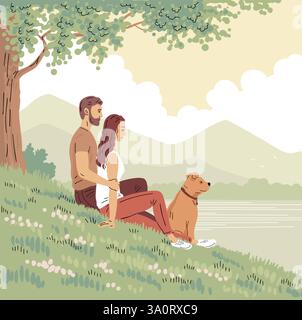 Ein junger Mann und eine Frau mit Hund ruhen in der Natur aus Stock Vektor