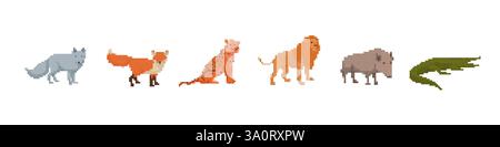 Pixel Art Tierreihe mit Wolf, Fuchs, Gepard, Löwe, Bison, und Krokodil Stock Vektor