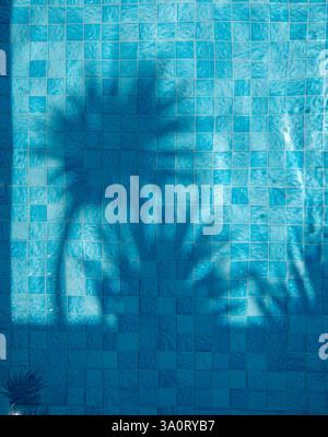 Palmenschatten im glitzernden Wasser eines blau gefliesten Swimmingpools in tropischer Urlaubslage. Beruhigender, entspannender Hintergrund mit Kopierraum Stockfoto