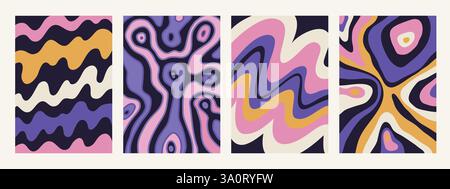 Abstraktes psychedelisches Musterset. Groovige Hintergründe mit flüssigen Farbmustern. Trendige wellenförmige Vektortexturen im abstrakten y2k-Stil. Vektorgrafik für Stock Vektor