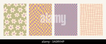 Abstrakte psychedelische Retro-Hintergründe gesetzt. Groovige Muster in hellen Pastellfarben. Trendige verdrehte, funky Vektortextur im abstrakten y2k-Stil Stock Vektor