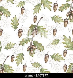 Aquarell handgezeichnet botanische Eichelzweige nahtloses Muster, Flora wiederholendes Papier, Herbstdruck Stockfoto