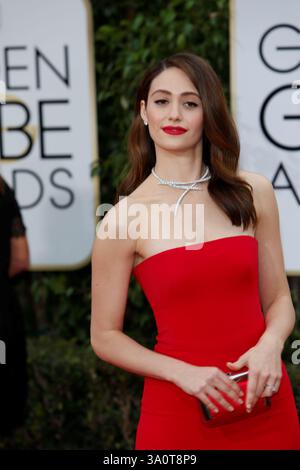 Schauspielerin Emmy Rossum kommt bei den 73. Jährlichen Golden Globe Awards, Golden Globes, in Beverly Hills, Los Angeles, USA. am 10. Januar 2016 Stockfoto