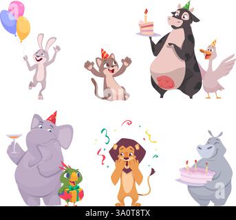 Tiergeburtstag. Niedliche und lustige Tiere in Aktion Posen Happy Feier essen Kuchen mit Kerzen exakte Vektor Illustrationen Set Stock Vektor