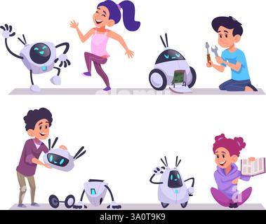 Ameisenroboter für Kinder. Intelligente Androiden für Kinder Chatbot Bildung für Kinder exakte Vektor-Zeichentrickgrafiken Stock Vektor