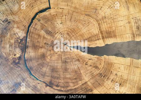 Holztisch mit natürlichen Ringen und Rissen gefüllt mit Epoxidharz, die einen abstrakten Hintergrund mit organischen Mustern und Texturen schaffen. Stockfoto
