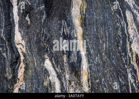 Nahaufnahme aus dunkelblauem Stein mit markanten, natürlichen weißen Linien, die die einzigartige Textur und das Muster zeigen Stockfoto