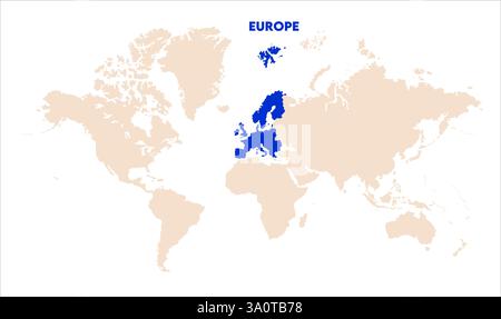Karte von Europa, markiert auf der Weltkarte, Europa auf der Weltkarte, Satellitenansicht, Standort Europa auf der Welt. Stock Vektor