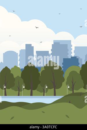Stadtpark mit grünen Bäumen, Laternen und Stadtgebäuden an der Skyline. Vektor-Zeichentrickfilm Frühlingslandschaft mit leeren öffentlichen Garten und Vögeln. Mo Stock Vektor