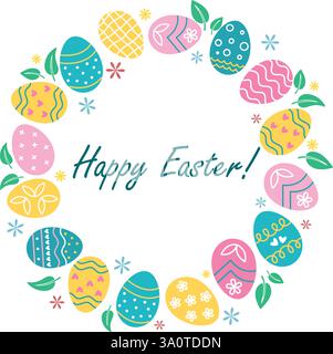 Osterkranz aus Eiern mit Blättern und Blumen. Botanische rustikale festliche Krone mit Glückwunsch zum Ostern. Grußkarte mit rundem Rahmen und Text Stock Vektor