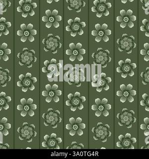 Hintergrund aus dunkelmoosgrünem geometrischem Streifen mit nahtlosem Blumenmuster. Handgezeichnete Blumenköpfe auf sattem grünem Hintergrund mit Streifen. Vintage-inspiriert Stock Vektor