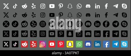 14 Logos, Symbole und Identitätssymbole großer Social-Media-Unternehmen mit jeweils fünf Varianten.x, YouTube, Facebook, LinkedIn, TikTok, Uneinigkeit, Telegramm Stock Vektor