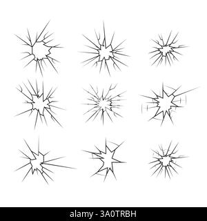 Riss-Shot Glas Icons Set, Silhouette lineare Risse und Brüche, gebrochenes Glas oder Eis, Vektorillustration abstrakte Muster Stock Vektor