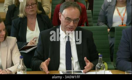 Screenshot von Andrew Bailey, Gouverneur der Bank of England, beantwortete Fragen vor dem Treasury Select Committee im House of Commons, London. Bilddatum: Mittwoch, 5. März 2025. Stockfoto