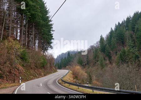 Die zauberhafte Herbstbergstraße schlängelt sich durch das traditionelle Schwarzwalddorf mit roten Häusern und üppigen grünen Hügeln. Landschaftlich Reizvoller Landstraße Stockfoto