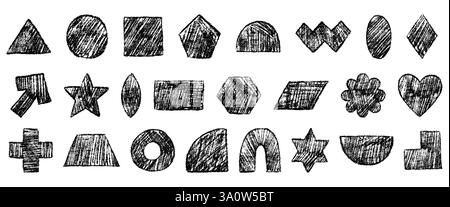 Set aus geometrischen Formen für Kinder, gezeichnet mit schwarzem Bleistift und Holzkohlestruktur. Handgezeichnete Buntstifte. Kreis, Dreieck, Quadrat, Trapez, Raute Stock Vektor