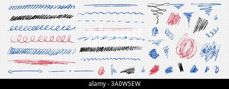 Farbstift- oder Bleistiftlinien, Pinselstriche, Skizzensatz. Buntstifte, Streifen, Pinselstriche, Kritzeleien, Kritzeleien, Crawls. Unvorsichtiges oder zwangloses Schreiben mit Stock Vektor