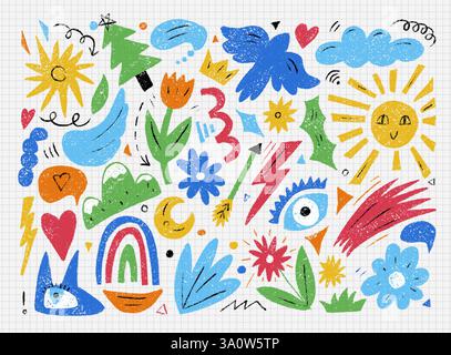 Helle, lustige dekorative Elemente, die mit Buntstiften gezeichnet wurden. Vogel, Sonne, Wolke, Regenbogen, Komet, und andere. Objekte mit einer Grunge-Textur, handgezeichnet mit Farbe Stock Vektor