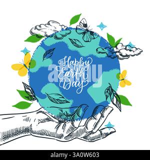 Die menschliche Hand hält den Erdplaneten mit grünen Blättern und Wolken. Illustration der Vektorskizze des Umgebungstages auf weißem Hintergrund. Handgezeichnetes Banner-Poster Stock Vektor