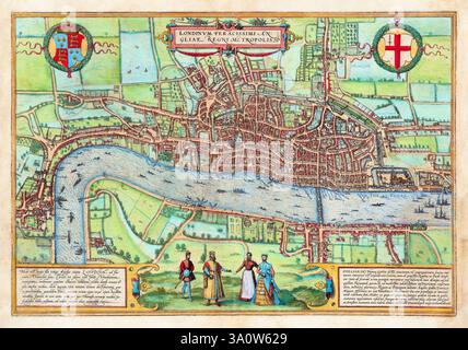 Karte aus dem 16. Jahrhundert. Luftaufnahme der City of London von Georg Braun & Frans Hogenberg, 1572 Stockfoto