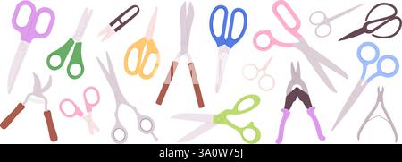 Verschiedene Flachscheren. Zangen und Scheren Zeichentricksymbole, Schneideausrüstung für Maniküre, Pediküre, geschnittenes Papier, Stoff oder Lebensmittel. Schreibwaren rasant Stock Vektor