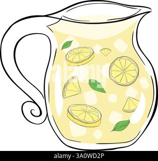 Limonade in einer transparenten Kanne mit grafischer Farbzusammensetzung. Vektor-Zitronen-Scheiben mit Blättern und Eis-Illustration. Isoliert auf weißem Hintergrund. Stock Vektor