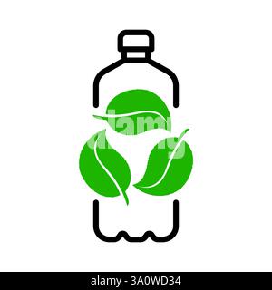 Recycelte Kunststoffflasche mit Blättern, die das Symbol für den Recyclingprozess bilden. Symbol für Umweltschutz, Abfallreduzierung und wiederverwendbare Verpackungen. Clean Ecology konzentriert sich auf das Logo Natur und Wasser Stock Vektor