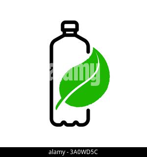 Schwarze lineare recycelte Kunststoffflasche mit grünem Blattsymbol. Symbol für Umweltschutz, Abfallreduzierung und wiederverwendbare Verpackungen. Clean Ecology konzentriert sich auf das Logo Natur und Wasser. Umweltfreundliches Schild Stock Vektor
