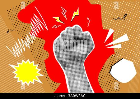 Halbton-Protesthand. Realistische Hände Demonstranten Fäuste Revolution Rebellen Volksmacht, Vintage Collage Banner politische Propaganda gegen Freiheit Aufstand Vektor Illustration Original Kunstwerk Stock Vektor