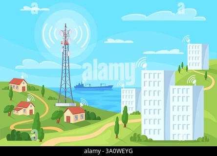 Telecom Tower Signal. Stadt drahtlose Telekommunikation, 5g 4g lte Internet Abdeckung Zelle Antenne Funksender Fernsehempfänger verbundene Häuser, saubere Vektorillustration Original Kunstwerk Stock Vektor