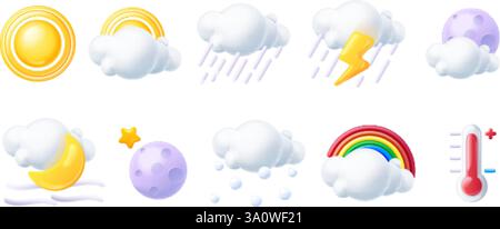 3D Regenbogenwetter. Rendern Sie Klimavorhersage Symbole, Sonne Mond Tag Nacht Wolken heißes Thermometer Blitzregen Design realistische Zeichentricksaisonsymbole setzen exakte Vektorillustration Original-Kunstwerk Stock Vektor