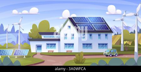 Cartoon Öko Haus. Umweltfreundliches intelligentes Haus modernes Vorstadtgebäude mit Windmühle Turbine und Solarpaneelen Dach, saubere Energie Windenergie, schicke Vektorillustration Original Kunstwerk Stock Vektor